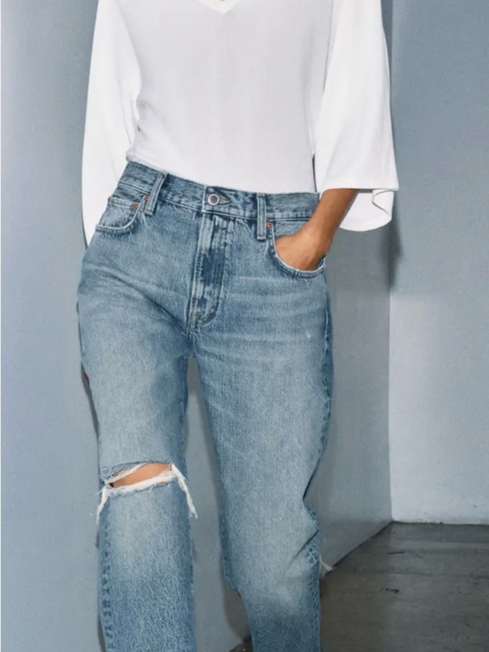 Zara Light Blue Boyfriend Jeans with Knee Rip